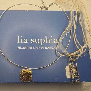 2 Necklaces Lia Sophia With Pendants Wire Choker And White Lace Rope Necklaces.